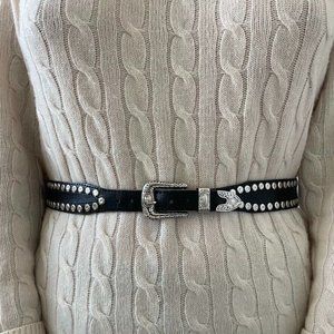 Vintage 1990s Womens Black Leather Silver Studded Western Rodeo Belt Sz S